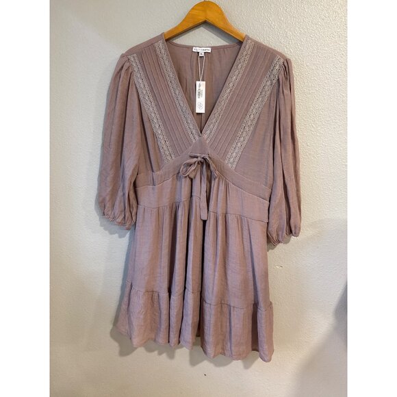 Baltic Born Mauve Lace Trim V-Neck Tiered Dress XL Boho Chic 3/4 Sleeve Lightwei - Picture 1 of 5